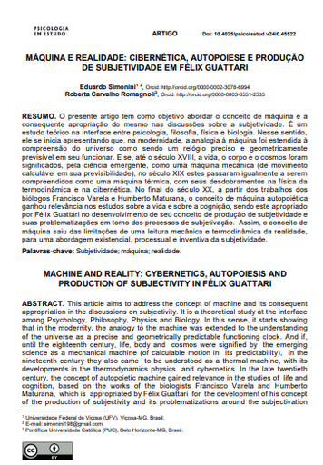 MÁQUINA E REALIDADE: CIBERNÉTICA, AUTOPOIESE E PRODUÇÃO DE SUBJETIVIDADE EM FÉLIX GUATTARI