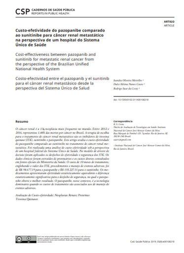 Custo-efetividade do pazopanibe comparado ao sunitinibe para câncer renal metastático na perspectiva de um hospital do Sistema Único de Saúde