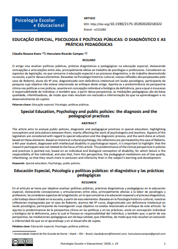 EDUCAÇÃO ESPECIAL, PSICOLOGIA E POLÍTICAS PÚBLICAS: O DIAGNÓSTICO E AS PRÁTICAS PEDAGÓGICAS