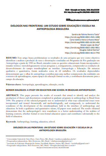 DIÁLOGOS NAS FRONTEIRAS: UM ESTUDO SOBRE EDUCAÇÃO E ESCOLA NA ANTROPOLOGIA BRASILEIRA