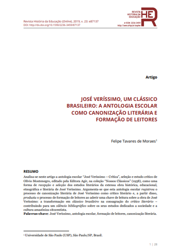 JOSÉ VERÍSSIMO, UM CLÁSSICO BRASILEIRO: A ANTOLOGIA ESCOLAR COMO CANONIZAÇÃO LITERÁRIA E FORMAÇÃO DE LEITORES