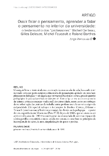 Ouvir falar o pensamento, aprender a falar o pensamento no interior da universidade: o testemunho dos “professores” Michel Certeau, Gilles Deleuze, Michel Foucault e Roland Barthes