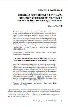 O IDIOTA, O ESPECIALISTA E O DIPLOMATA: REFLEXÕES SOBRE O COSMOPOLITISMO E SOBRE A PRÁTICA DE FORMAÇÃO HUMANA