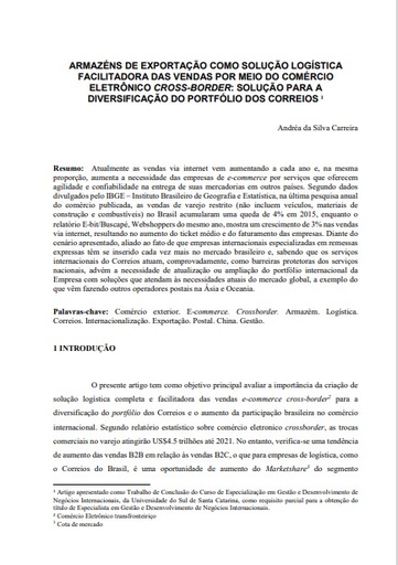Armazéns de exportação como solução logística facilitadora das vendas por meio do comércio eletrônico cross-border: solução para a diversificação do portfólio dos correios
