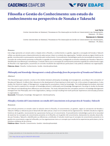 Filosofia e Gestão do Conhecimento: um estudo do conhecimento na perspectiva de Nonaka e Takeuchi