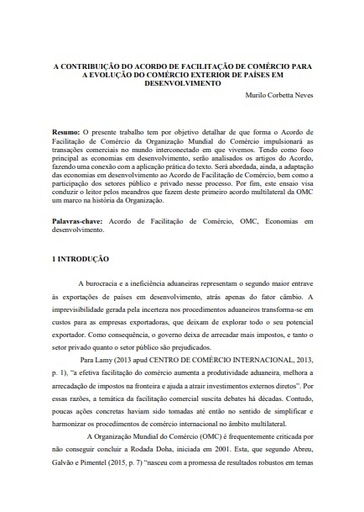 A contribuição do acordo de facilitação de comércio para a evolução do comércio exterior de países em desenvolvimento
