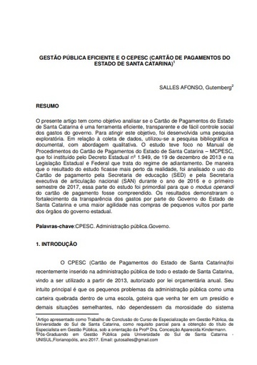 Gestão pública eficiente e o CEPESC (cartão de pagamentos do estado de Santa Catarina)