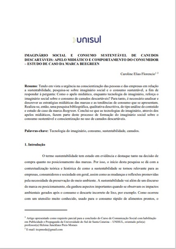 Imaginário social e consumo sustentável de canudos descartáveis: apelo midiático e comportamento do consumidor – estudo de caso da marca Beegreen