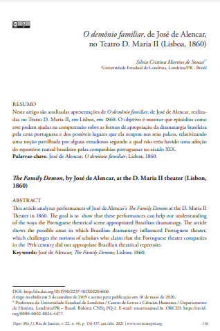 O demônio familiar, de José de Alencar, no Teatro D. Maria II (Lisboa, 1860)
