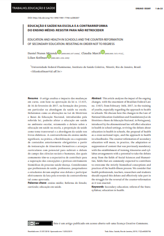 EDUCAÇÃO E SAÚDE NA ESCOLA E A CONTRARREFORMA DO ENSINO MÉDIO: RESISTIR PARA NÃO RETROCEDER