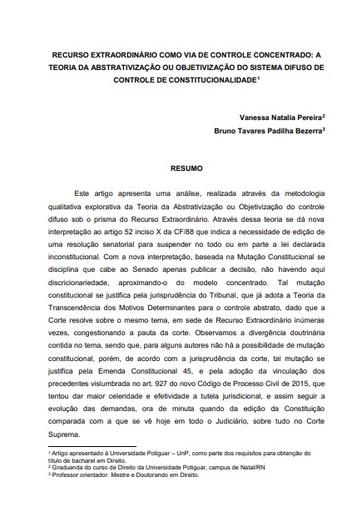 Recurso extraordinário como via de controle concentrado: a teoria da abstrativização ou objetivização do sistema difuso de controle de constitucionalidade