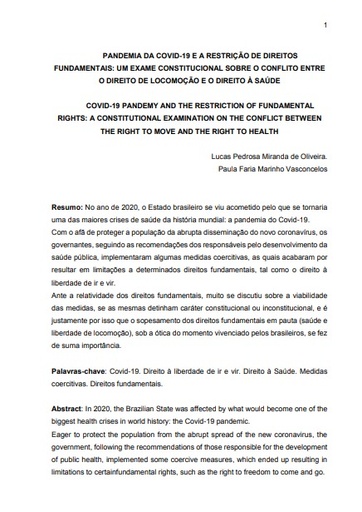 Pandemia da Covid-19 e a restrição de direitos fundamentais: um exame constitucional sobre conflito entre o direito de locomoção e o direito à saúde