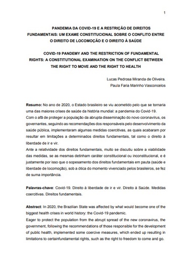 Pandemia da Covid-19 e a restrição de direitos fundamentais: um exame constitucional sobre conflito entre o direito de locomoção e o direito à saúde