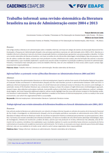 Trabajo informal: una revisión sistemática de la literatura brasileña en el área de administración entre 2004 y 2013