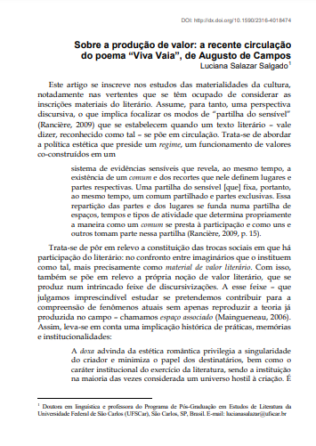 Sobre una producción de valor: una reciente circulación del poema &quot;Viva Vaia&quot;, de Augusto de Campos