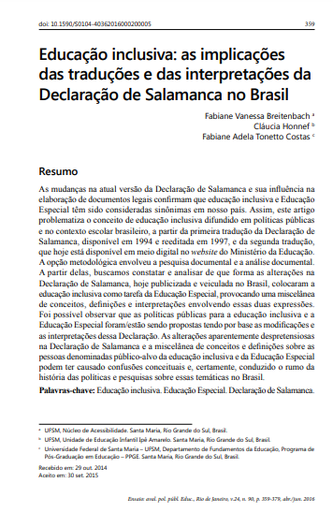 Educação inclusiva: as implicações das traduções e das interpretações da Declaração de Salamanca no Brasil