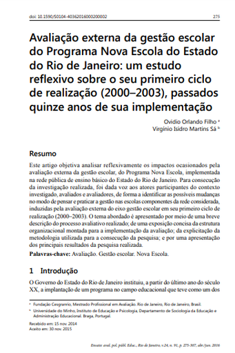 Avaliação externa da gestão escolar do Programa Nova Escola do Estado do Rio de Janeiro: um estudo reflexivo sobre o seu primeiro ciclo de realização (2000–2003), passados ​​quinze anos de sua implementação