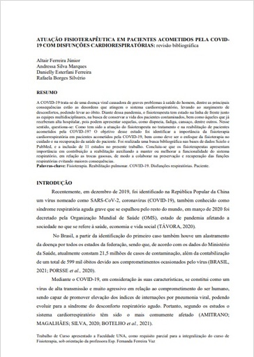 Atuação fisioterapêutica em pacientes acometidos pela covid-19 com disfunções cardiorespiratórias: revisão bibliográfica