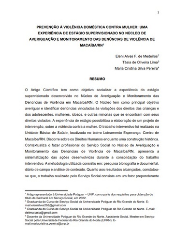 Prevenção à violência doméstica contra a mulher: uma experiência de estágio supervisionado no núcleo de averiguação e monitoramento das denúncias de violência de Macaíba