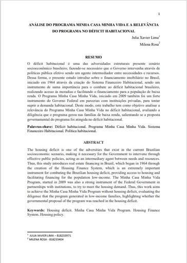 Análise do Programa Minha Casa Minha Vida e a relevância do programa no déficit habitacional