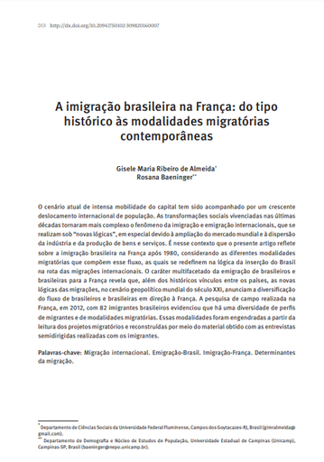 A imigração brasileira na França: do tipo histórico às modalidades migratórias contemporâneas