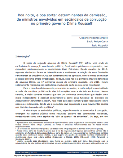 Boa noite, e boa sorte: determinantes da demissão de ministros envolvidos em escândalos de corrupção no primeiro governo Dilma Rousseff