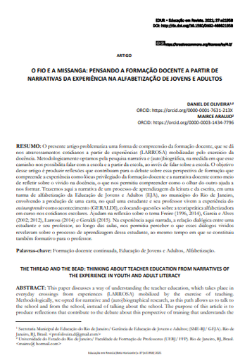 O FIO E A MISSANGA: PENSANDO A FORMAÇÃO DOCENTE A PARTIR DE NARRATIVAS DA EXPERIÊNCIA NA ALFABETIZAÇÃO DE JOVENS E ADULTOS