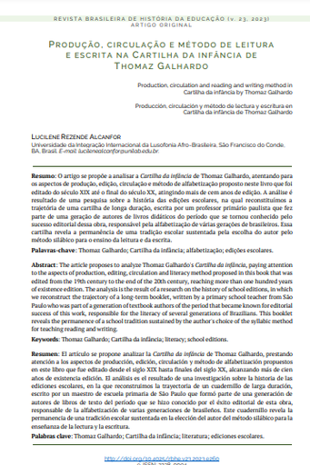 Produção, circulação e método de leitura e escrita na Cartilha da infância de Thomaz Galhardo