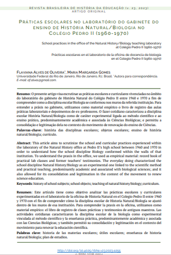 Práticas escolares no laboratório do gabinete do ensino de História Natural/Biologia no Colégio Pedro II (1960-1970)