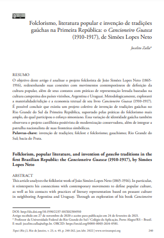 Folclorismo, literatura popular e invenção de tradições gaúchas na Primeira República: o Cancioneiro Guasca (1910-1917), de Simões Lopes Neto