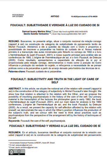 FOUCAULT: SUBJETIVIDADE E VERDADE À LUZ DO CUIDADO DE SI