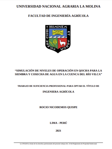 Simulación de niveles de operación en Qocha para la siembra y cosecha de agua en la cuenca del Río Vilca