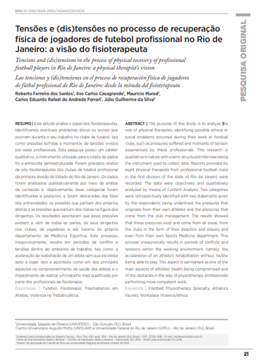Tensões e (dis)tensões no processo de recuperação física de jogadores de futebol profissional no Rio de Janeiro: a visão do fisioterapeuta