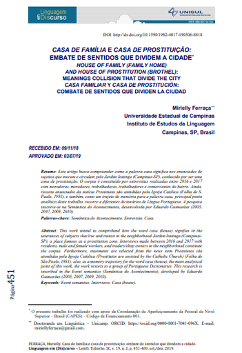 CASA DE FAMÍLIA E CASA DE PROSTITUIÇÃO: EMBATE DE SENTIDOS QUE DIVIDEM A CIDADE