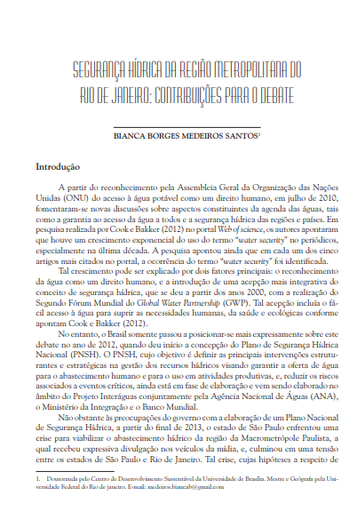 Water security in the metropolitan region of Rio de Janeiro: contributions to the debate