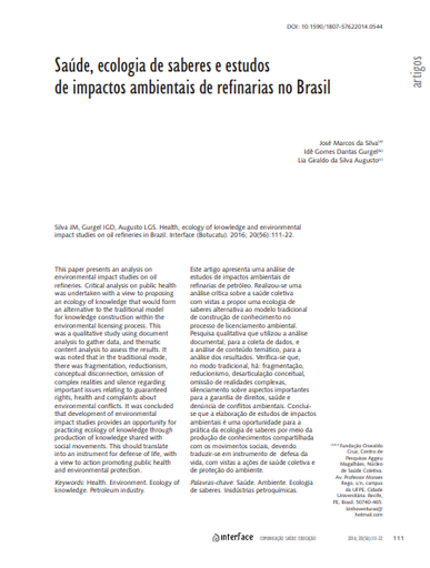 Saúde, ecologia de saberes e estudosde impactos ambientais de refinarias no Brasil