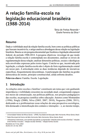 A relação família-escola na legislação educacional brasileira (1988-2014)