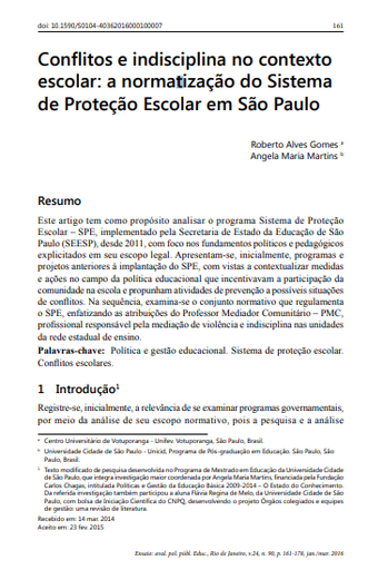 Conflitos e indisciplina no contexto escolar: a normatização do Sistema de Proteção Escolar em São Paulo