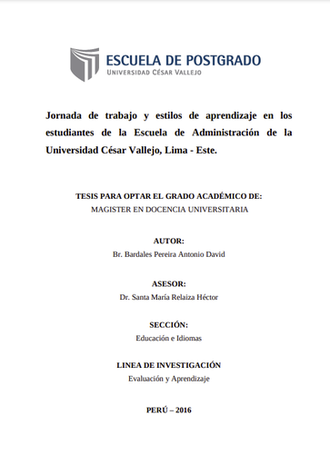 Jornada de trabajo y estilos de aprendizaje en los estudiantes de la Escuela de Administración