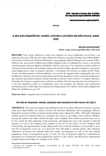 A ERA DOS INQUÉRITOS: LIVROS, LEITURA E LEITORES EM SÃO PAULO, ANOS 1920.
