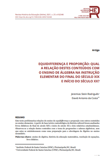 EQUIDIFFERENÇA E PROPORÇÃO: QUAL A RELAÇÃO DESTES CONTEÚDOS COM O ENSINO DE ÁLGEBRA NA INSTRUÇÃO ELEMENTAR DO FINAL DO SÉCULO XIX E INÍCIO DO SÉCULO XX?