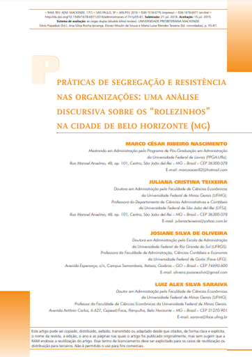 PRÁTICAS DE SEGREGAÇÃO E RESISTÊNCIA NAS ORGANIZAÇÕES: UMA ANÁLISE DISCURSIVA SOBRE OS &quot;ROLEZINHOS&quot; NA CIDADE DE BELO HORIZONTE (MG)