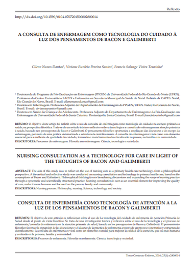 A CONSULTA DE ENFERMAGEM COMO TECNOLOGIA DO CUIDADO À LUZ DOS PENSAMENTOS DE BACON E GALIMBERTI