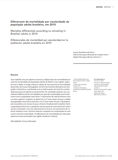 Diferenciais de mortalidade por escolaridade da população adulta brasileira, em 2010
