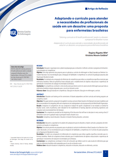 Adaptando o currículo para atender a necessidades de profissionais de saúde em um desastre: uma proposta para enfermeiras brasileiras