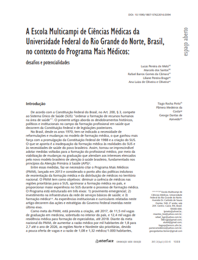 A Escola Multicampi de Ciências Médicas da Universidade Federal do Rio Grande do Norte, Brasil, no contexto do Programa Mais Médicos: desafios e potencialidades