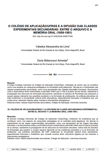 O COLÉGIO DE APLICAÇÃO/UFRGS E A DIFUSÃO DAS CLASSES EXPERIMENTAIS SECUNDÁRIAS: ENTRE O ARQUIVO E A MEMÓRIA ORAL (1959- 1981)