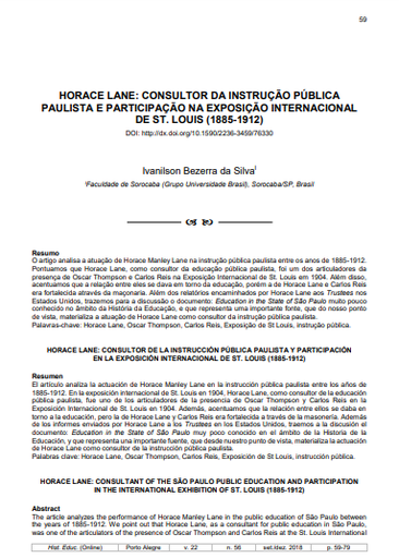 HORACE LANE: CONSULTOR DA INSTRUÇÃO PÚBLICA PAULISTA E PARTICIPAÇÃO NA EXPOSIÇÃO INTERNACIONAL DE ST. LOUIS (1885-1912)