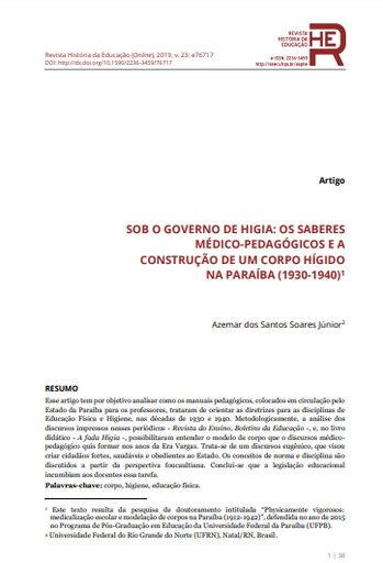 SOB O GOVERNO DE HIGIA: OS SABERES MÉDICO-PEDAGÓGICOS E A CONSTRUÇÃO DE UM CORPO HÍGIDO NA PARAÍBA (1930-1940)