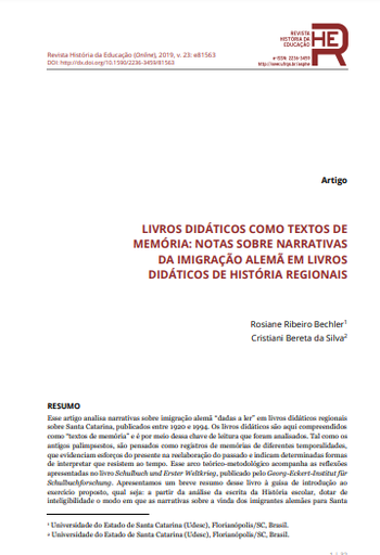 LIVROS DIDÁTICOS COMO TEXTOS DE MEMÓRIA: NOTAS SOBRE NARRATIVAS DA IMIGRAÇÃO ALEMÃ EM LIVROS DIDÁTICOS DE HISTÓRIA REGIONAIS